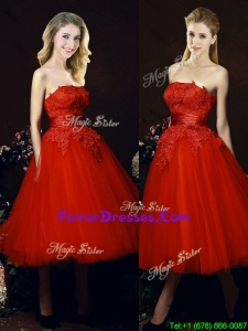 2016 Perfect Puffy Skirt Strapless Applique Tea Length Red Dama Dresses