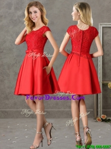 Gorgeous Scoop Cap Sleeves Red Dama Dresses with Lace and Bowknot