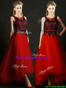 Perfect High Low Belted and Black Applique Dama Dresses in Red