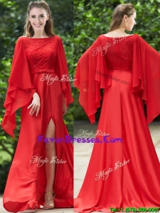 Pretty Bateau Long Sleeves Red Dama Dresses with Beading and High Slit
