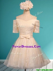 Pretty Off the Shoulder Short Sleeves Champagne Dama Dresses with Bowknot