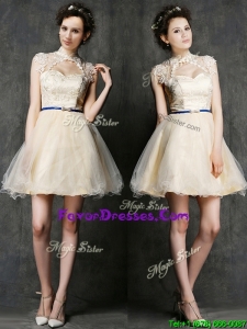 See Through High Neck Short Dama Dresses with Sashes and Lace