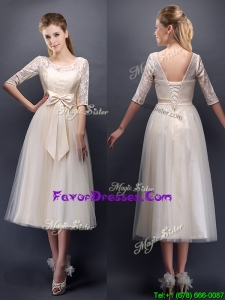 See Through Scoop Half Sleeves Champagne Dama Dresses with Bowknot