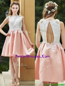 Elegant Bateau Open Back Applique Short Dama Dresses in Pink