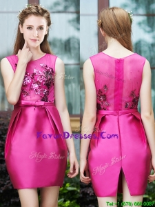 Luxurious Column Scoop Applique Hot Pink Dama Dresses in Satin