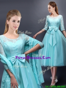 Popular Aqua Blue Scoop Half Sleeves Bridesmaid Dress with Bowknot