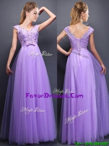 Popular Beaded and Bowknot V Neck Bridesmaid Dress in Lavender