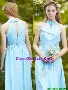 Popular Halter Top Light Blue Bridesmaid Dress with Appliques