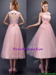 Popular Hand Made Flowers and Laced High Neck Bridesmaid Dress in Baby Pink