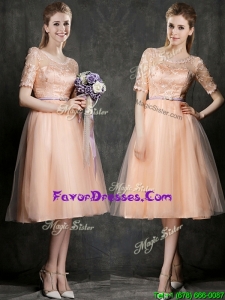 Popular Scoop Half Sleeves Bridesmaid Dress with Sashes and Lace