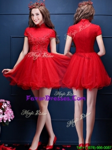 PopularHigh Neck Short Sleeves Bridesmaid Dress with Appliques and Beading