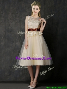 PopularSee Through Scoop Bridesmaid Dresses with Bowknot and Lace