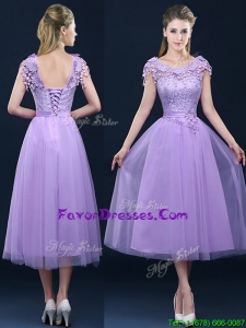 2016 Popular Cap Sleeves Lavender Bridesmaid Dress with Lace and Appliques