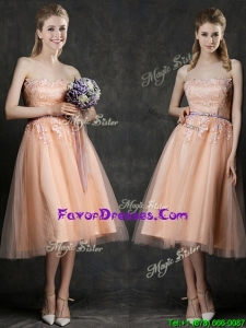 2016 Stylish Strapless Peach Bridesmaid Dress with Sashes and Lace