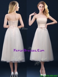 Popular Strapless Belt Champagne Long Bridesmaid Dress in Tulle