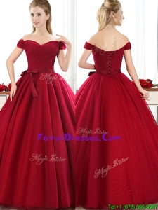 Stylish Off the Shoulder Wine Red Bridesmaid Dress with Bowknot