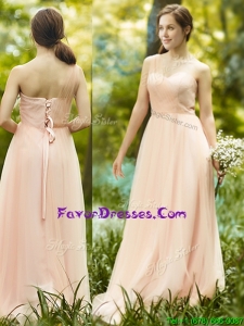 Stylish One Shoulder Peach Bridesmaid Dress in Floor Length