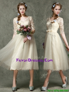 Stylish V Neck Half Sleeves Bridesmaid Dress with Lace and Belt