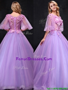 2016 Latest Half Sleeves Bateau Prom Dresses with Hand Made Flowers