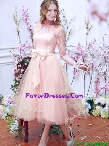 2016 Latest High Neck Half Sleeves Prom Dresses with Bowknot