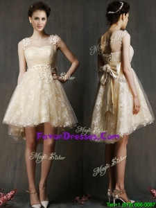 2016 Latest Scoop Champagne Prom Dresses with Hand Made Flowers and Bowknot