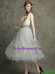 Latest Hand Made Flowers and Belted Prom Dresses with Tea Length