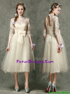 Latest High Neck Half Sleeves Prom Dresses with Lace and Bowknot