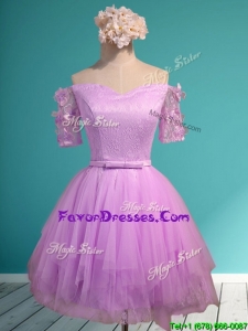 Latest Lilac Off the Shoulder Short Sleeves Prom Dresses with Appliques and Belt