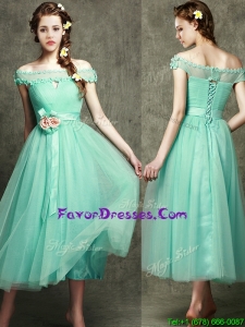 Latest Off the Shoulder Cap Sleeves Prom Dresses with Appliques and Hand Made Flowers