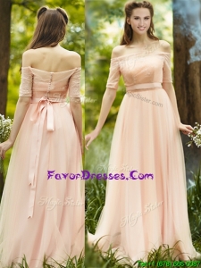Latest Off the Shoulder Half Sleeves Prom Dresses with Ribbons