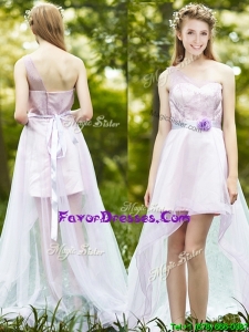 Latest One Shoulder High Low Prom Dresses with Sashes and Lace