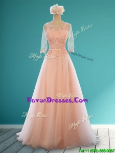 Latest Scoop Half Sleeves Prom Dresses with Appliques and Belt