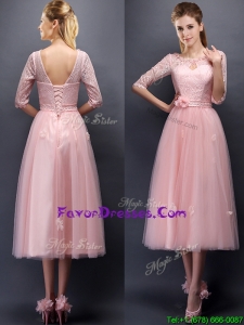 Latest Scoop Half Sleeves Prom Dresses with Hand Made Flowers and Appliques