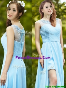 Latest See Through Scoop Appliques Prom Dresses in Light Blue