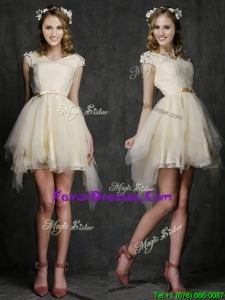 Latest V Neck Cap Sleeves Short Prom Dresses with Belt and Appliques