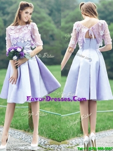Stylish Bateau Half Sleeves Lavender Bridesmaid Dresses with Appliques