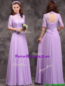 Stylish High Neck Handcrafted Flowers Bridesmaid Dress with Half Sleeves