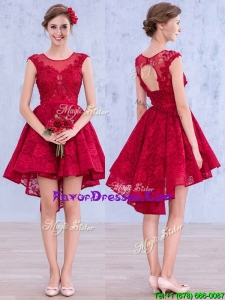 Stylish Scoop High Low Wine Red Bridesmaid Dress with Lace