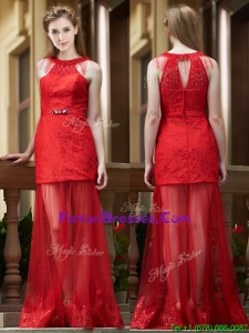 2016 Latest Belted Red Long Prom Dresses in Tulle and Lace