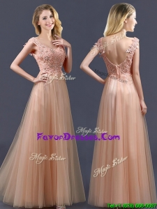 2016 Latest V Neck Long Prom Dresses with Appliques and Beading