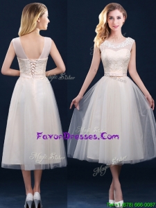 Latest Best Selling See Through Champagne Prom Dresses with Appliques and Belt