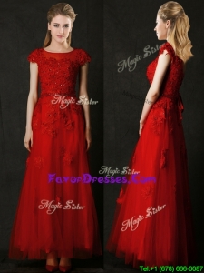 Latest Empire Applique Red Prom Dresses with Cap Sleeves