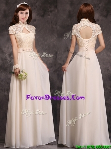 Latest High Neck Champagne Prom Dresses with Appliques and Lace