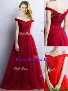 Latest Off the Shoulder Cap Sleeves Prom Dresses in Wine Red