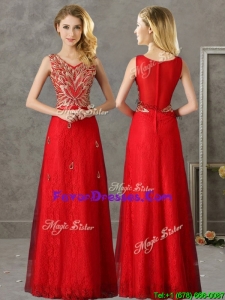 Latest V Neck Red Prom Dresses with Appliques and Beading