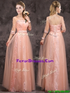 Modern See Through Applique and Laced Long Mother Dresses in Peach