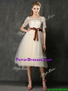 Modern See Through Scoop Short Sleeves Mother Dresses with Bowknot and Lace