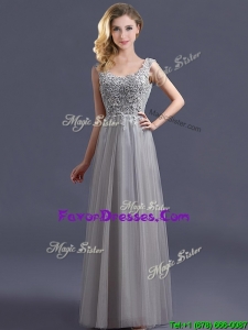 2016 Pretty Scoop Grey Long Prom Dresses with Appliques