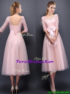 2016 Pretty Scoop Half Sleeves Baby Pink Prom Dresses with Bowknot