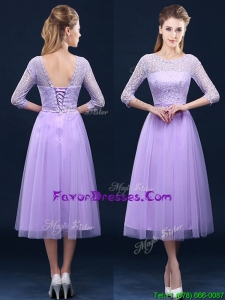 Modern Half Sleeves Tea Length Laced Mother Dresses in Lavender